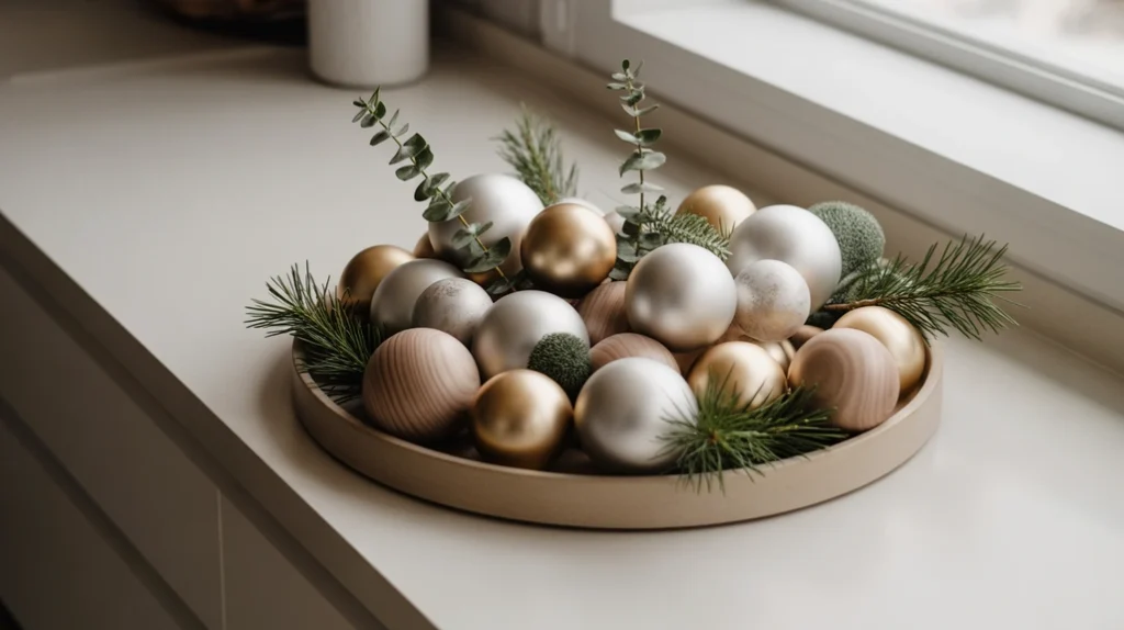 ceramic tray with assorted christmas ornaments and greenery for simple modern holiday styling