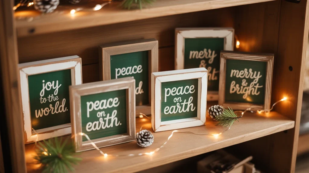 Small framed Christmas sign displayed on a bathroom shelf to add seasonal charm