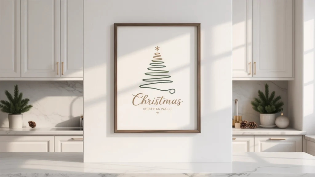 Christmas wall art framed in a small kitchen with minimalist seasonal design