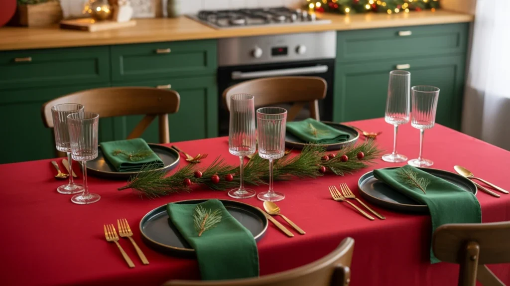 Elegant Christmas kitchen table with red tablecloth, green napkins, and gold cutlery for a timeless holiday look.