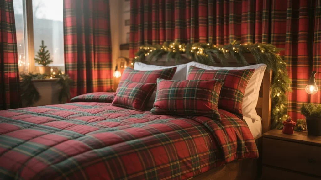 Plaid curtains and bedding coordinated with greenery decor for traditional holiday style