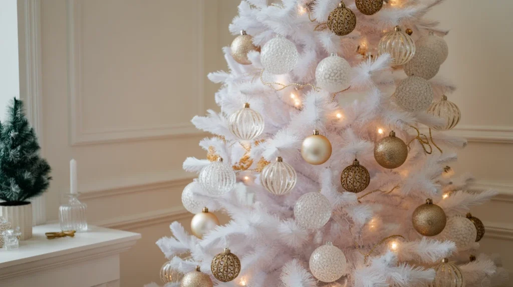 Crystal and glass ornaments reflecting golden lights for a sparkling holiday living room aesthetic