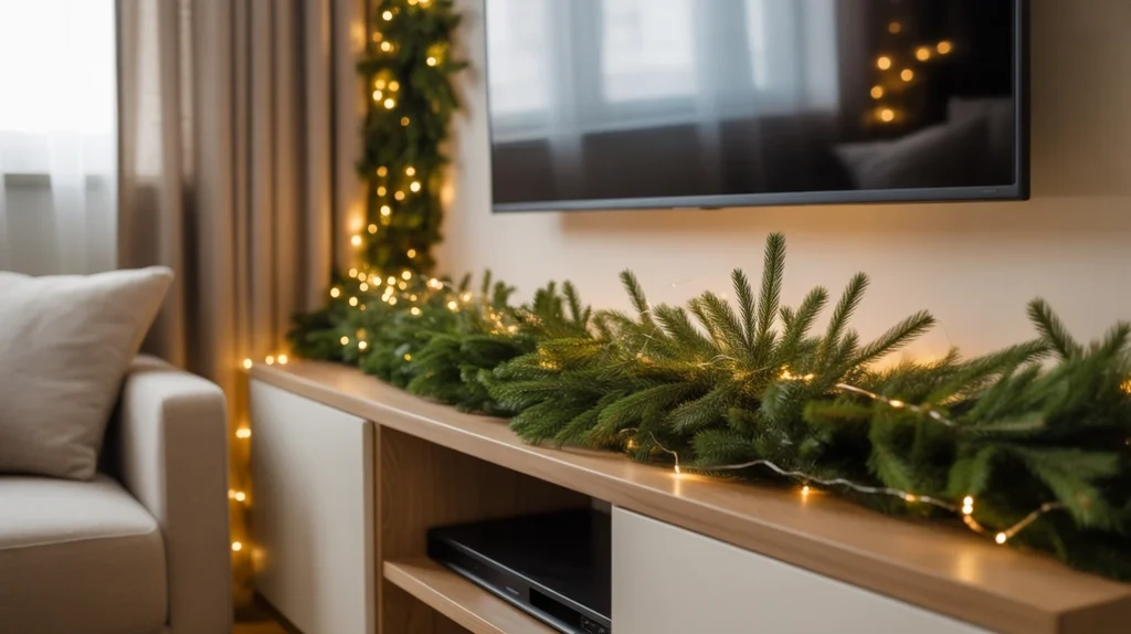 Elegant pine garland with fairy lights draped across TV stand in a small apartment holiday living room.