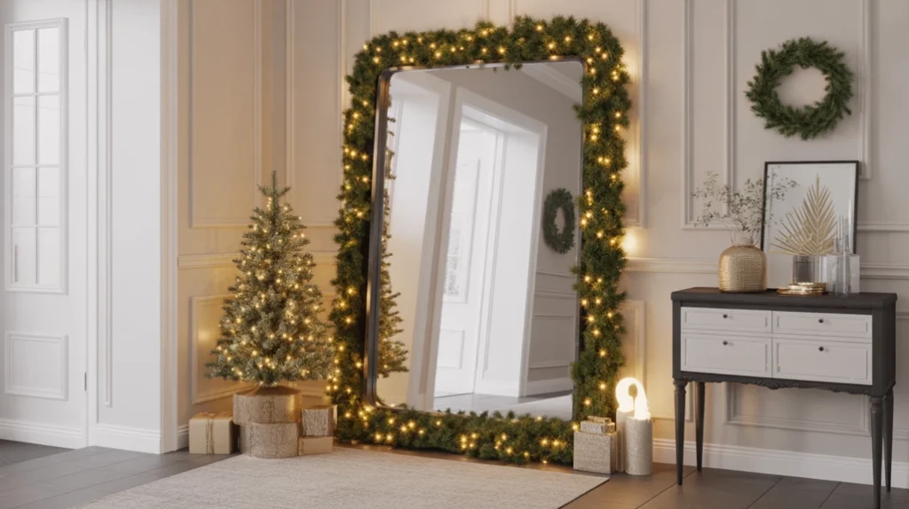 “Entryway mirror wrapped with garland and warm Christmas lights”