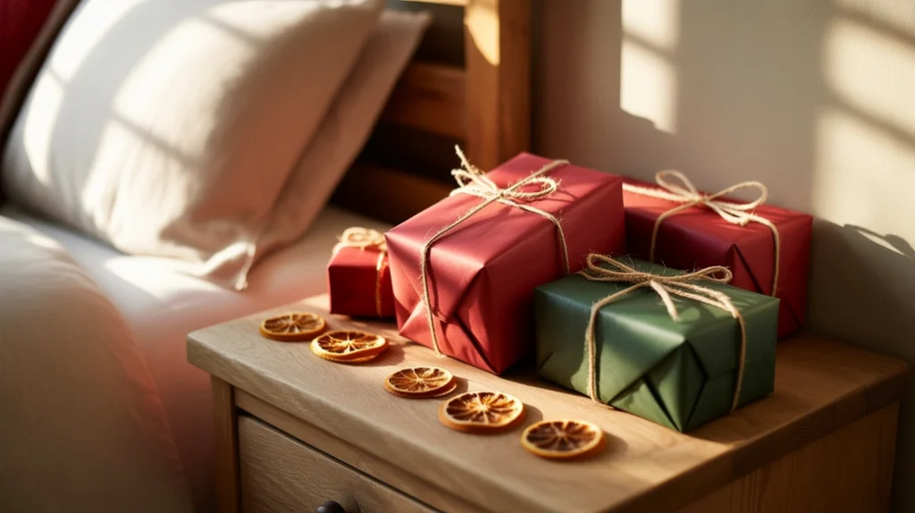 Red and green wrapped Christmas gifts used as festive bedroom decor