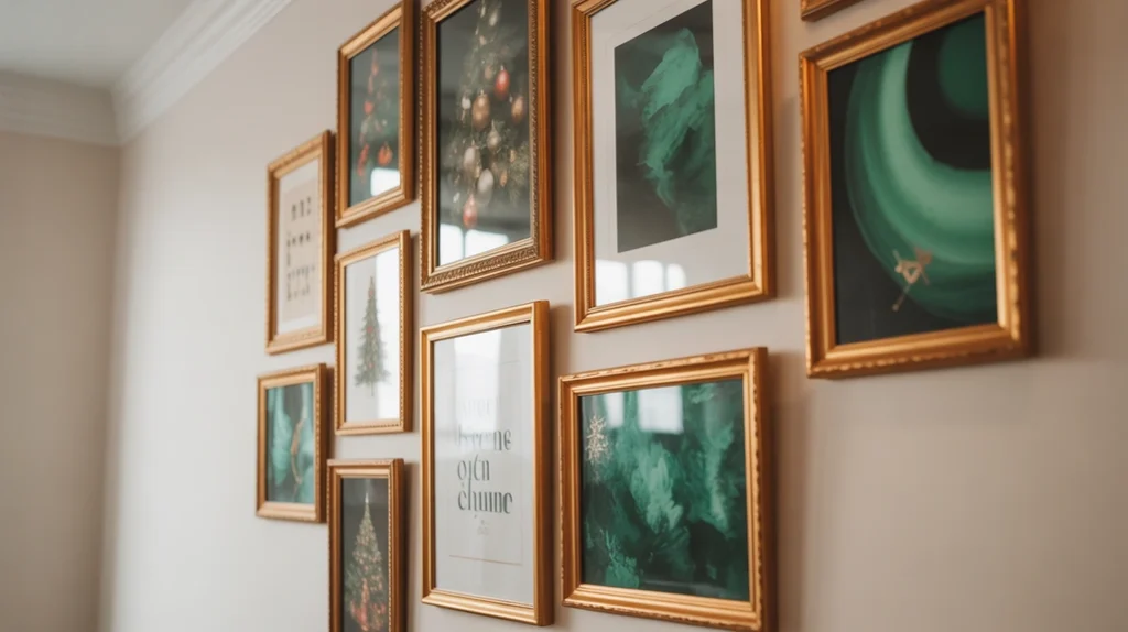 Holiday wall decor featuring gold-framed artwork and emerald-toned prints for a festive modern living space.