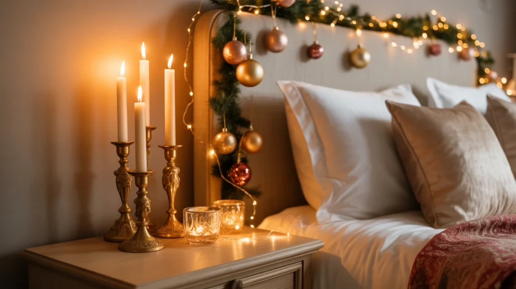 Gold candle holders and metallic ornaments adding festive sparkle to Christmas bedroom