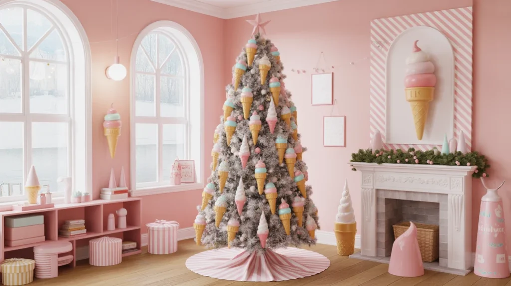 Ice cream-themed Christmas tree with pastel cones, sprinkles, and colorful holiday decorations