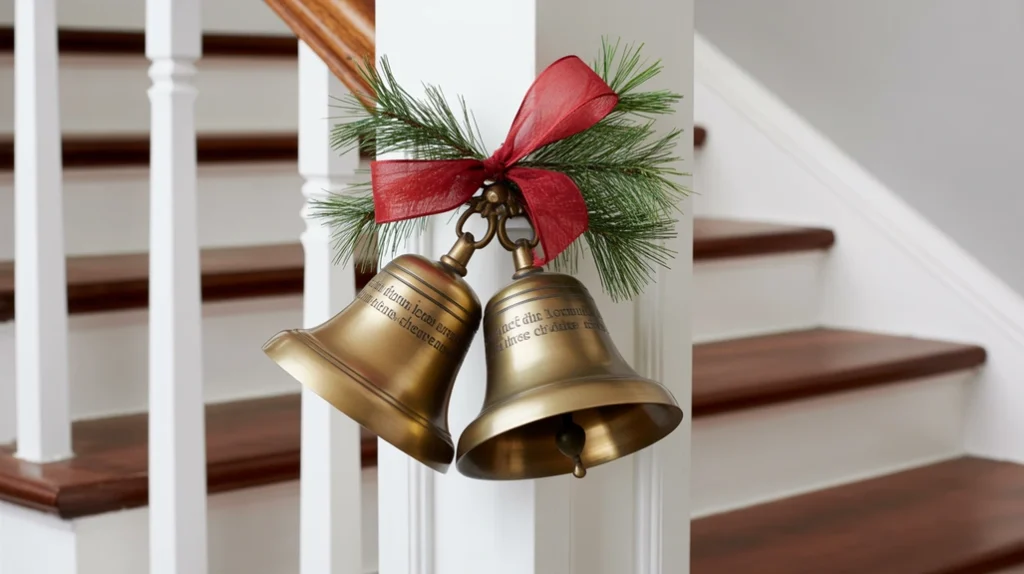 Large decorative bells hanging at base of staircase for traditional Christmas charm”