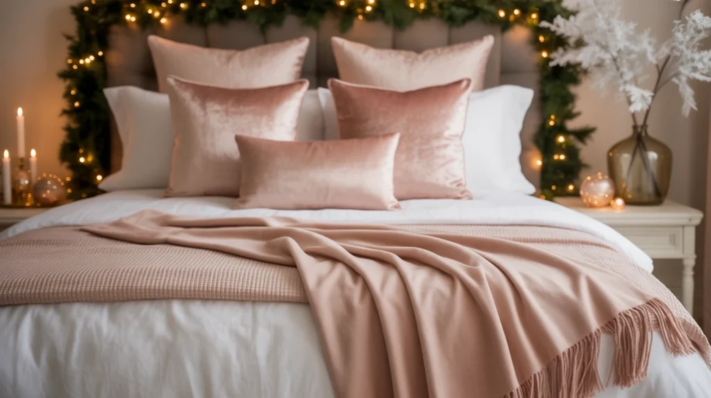 layered rose gold, ivory, and blush bedding adding depth and luxury to modern Christmas bedroom design