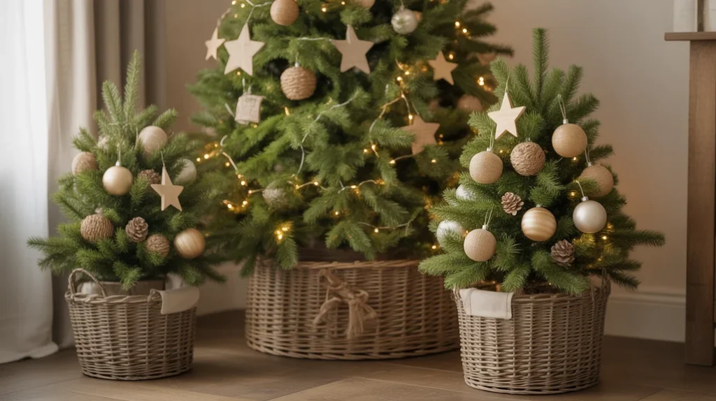 Matching mini farmhouse Christmas trees with wooden ornaments and wicker baskets for symmetrical décor.