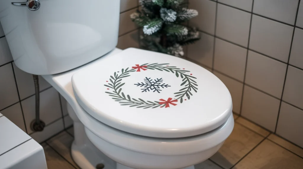 “subtle wreath sticker on a toilet lid for minimal christmas decoration”