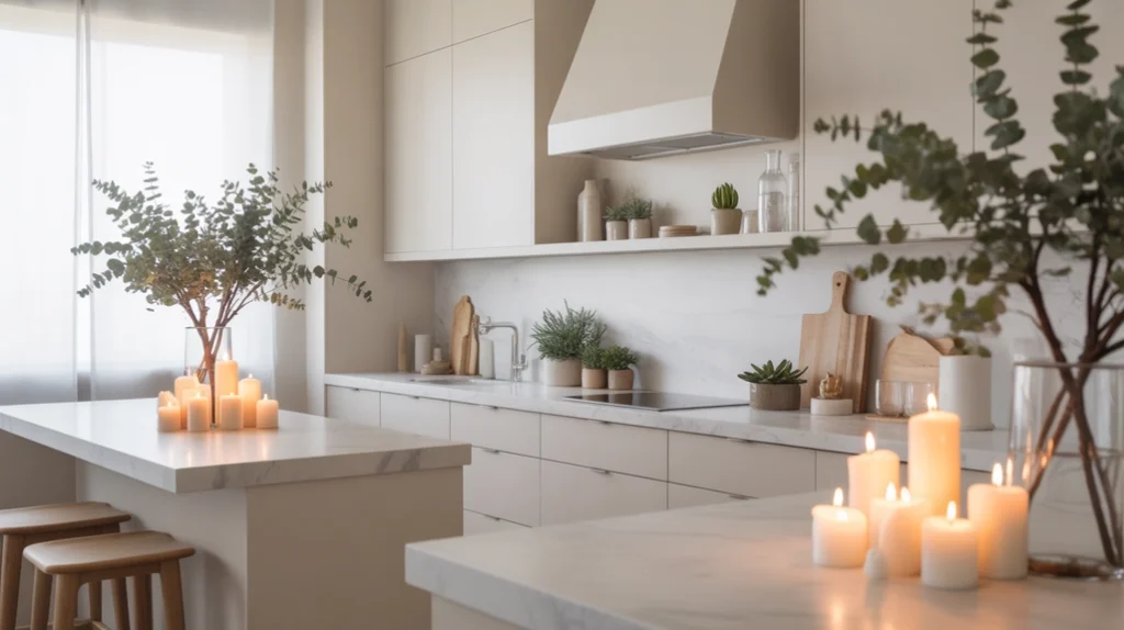 Modern minimalist Christmas kitchen with neutral tones, candles, and greenery for a calm, cohesive holiday design