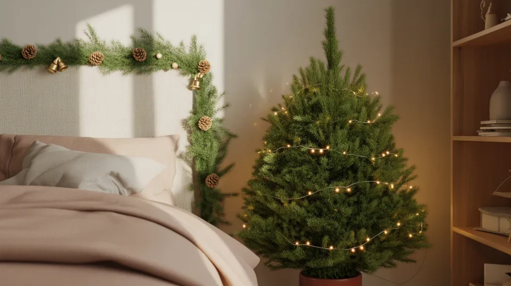 Minimal Christmas bedroom decor with garland, small tree, and cozy winter accents