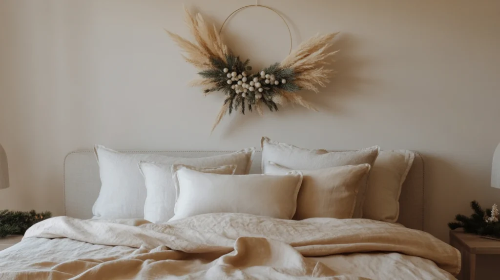 simple dried neutral wreath with pampas grass above bed in modern minimal Christmas design