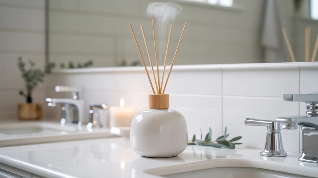 minimalist scent diffuser with winter fragrance reeds in modern bathroom setting
