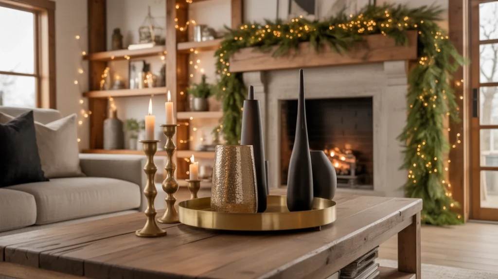 Mixed metal accents with bronze, gold, and matte black decor in a modern rustic farmhouse Christmas living room.