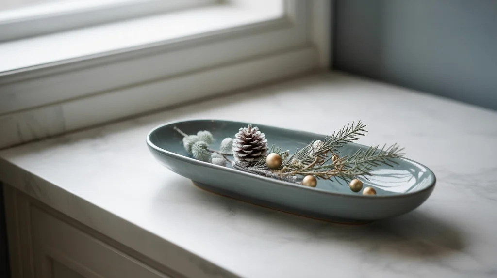 modern vanity dish holding seasonal pieces and winter essentials in a clean setting