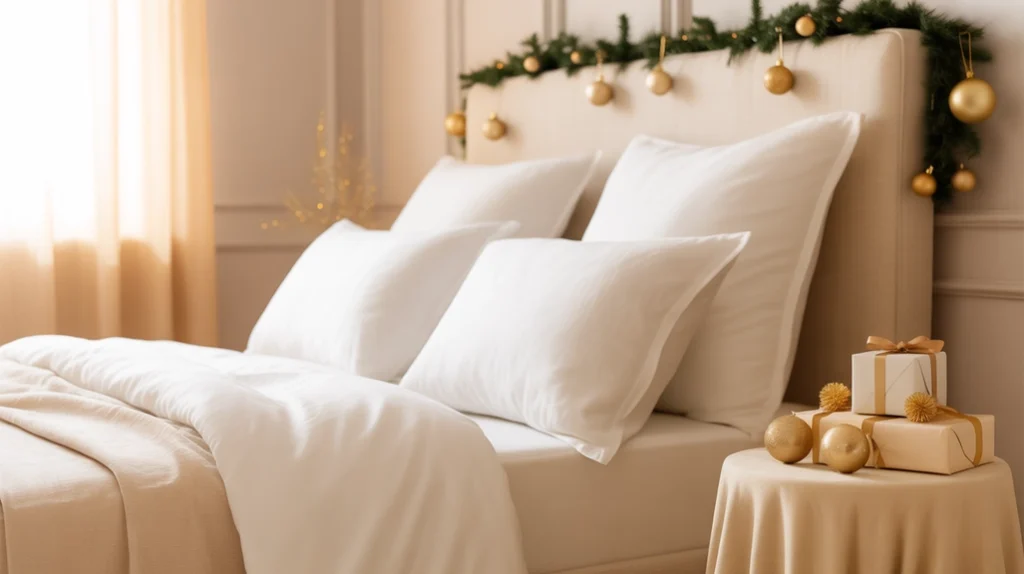 Neutral base bedroom with beige tones and golden Christmas decor for timeless holiday elegance