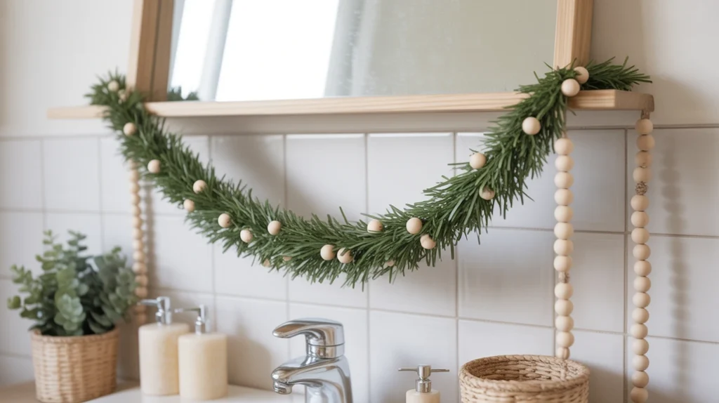 wooden bead garland and soft greenery draped on a bathroom mirror for a neutral christmas look