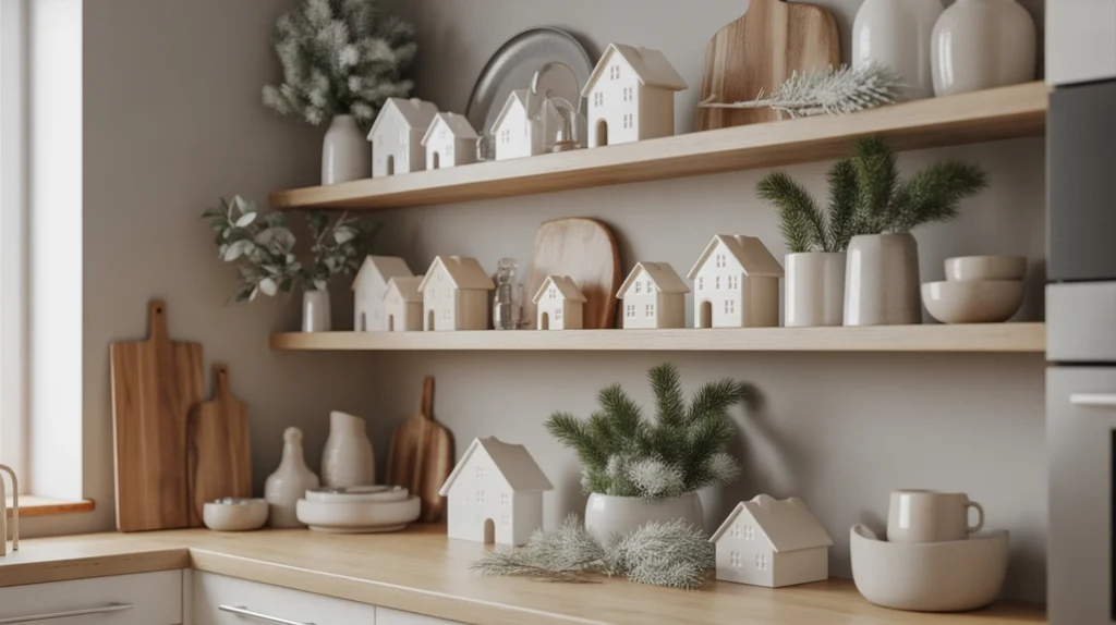 Neutral winter decor with ceramic houses and frosted greenery on small apartment kitchen shelves