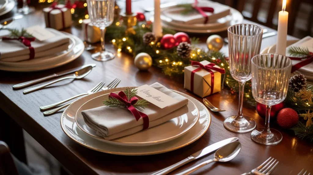 Christmas place settings decorated with ornaments, pine sprigs, and mini gifts