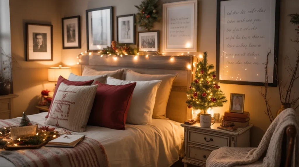 Personalized Christmas bedroom decor with meaningful holiday touches and cozy details