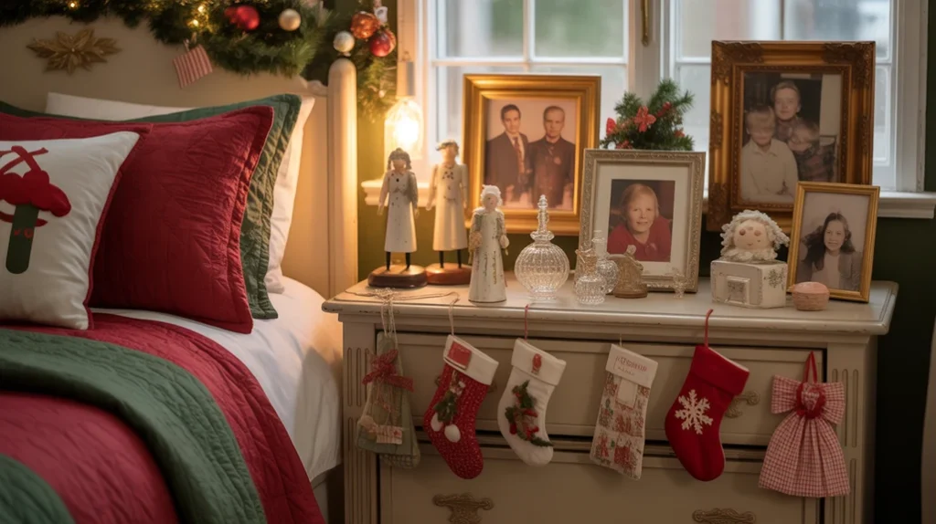 Family ornaments and framed photos adding sentimental warmth to a traditional Christmas bedroom