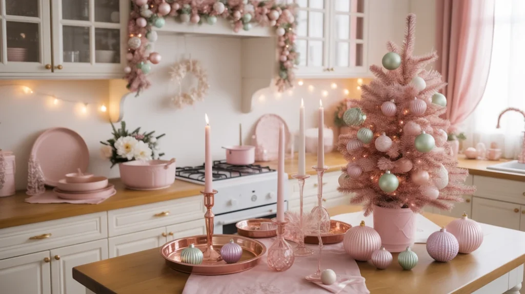 Pink Christmas kitchen decor ideas for soft and cheerful holiday vibe