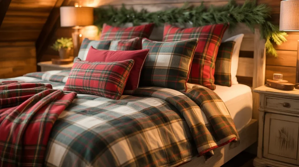 plaid pillows and blankets adding rustic charm to cozy christmas bedroom