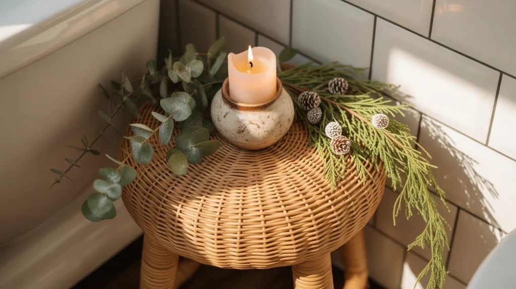 rattan stool styled with candle and greenery for warm boho christmas bathroom accents