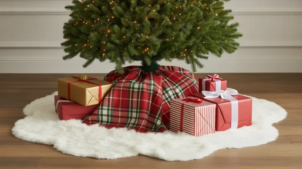 Christmas tree base with red-and-white plaid skirt and matching wrapped gifts creating a polished holiday look.