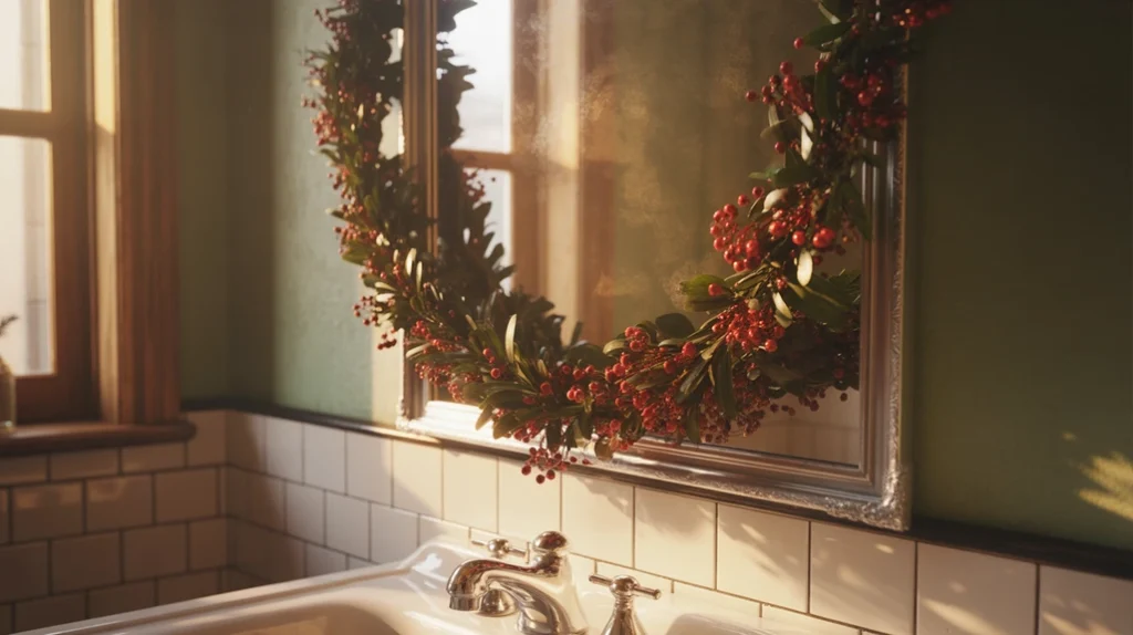 red berry garland draped along a shelf for bright holiday texture