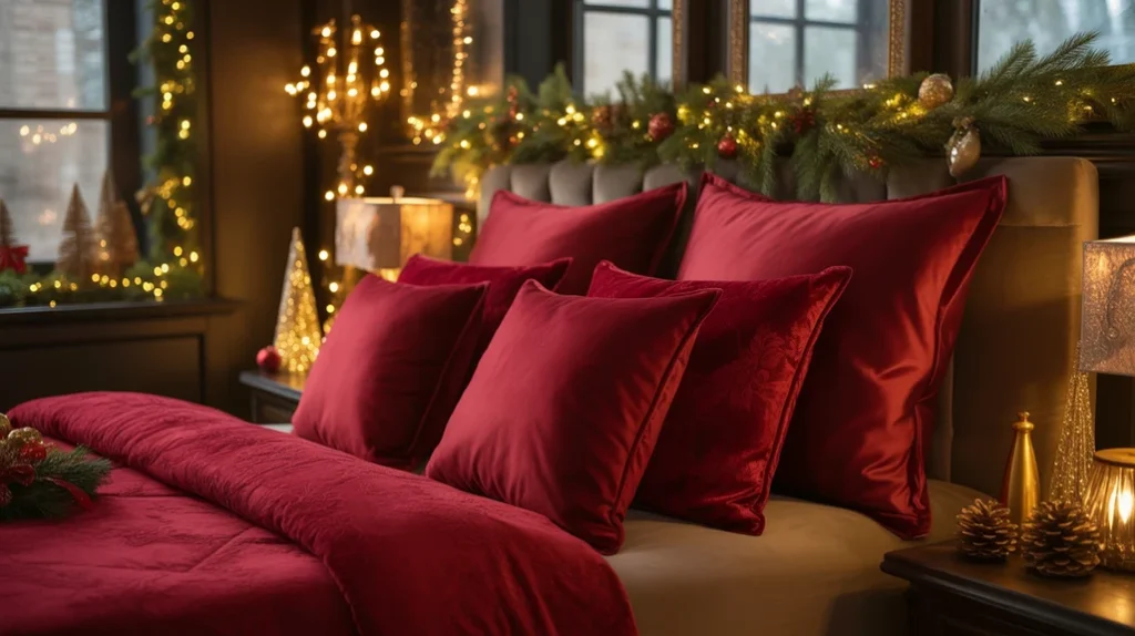 red velvet pillows and drapes in luxurious christmas bedroom decor for elegant holiday style
