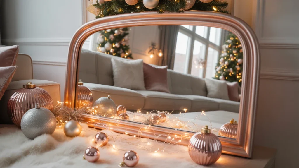 Rose gold framed mirror reflecting Christmas lights in a chic holiday living room design.