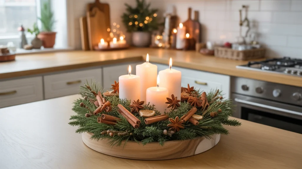 pine branches, candles, and cinnamon sticks in wooden tray centerpiece for warm christmas vibe