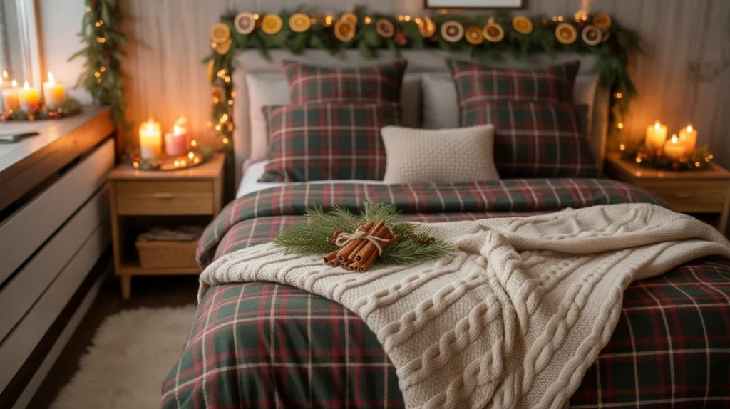 Christmas bedroom decor with scented candles and cinnamon sticks