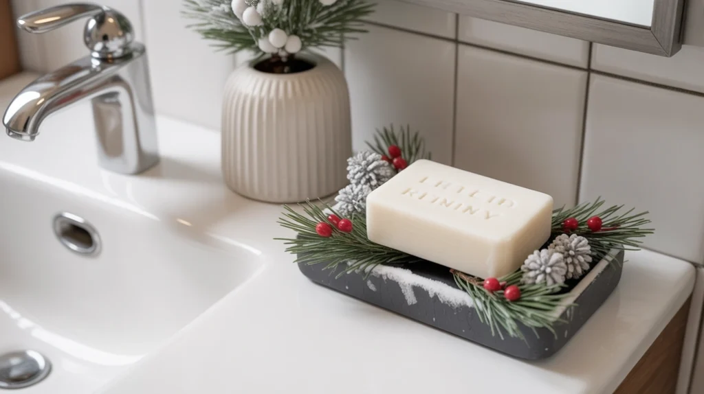 seasonal soap tray with subtle winter textures styled neatly on a vanity