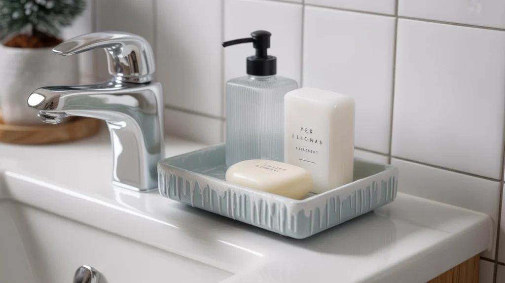 winter-themed vanity dish with subtle christmas accents holding small bathroom essentials