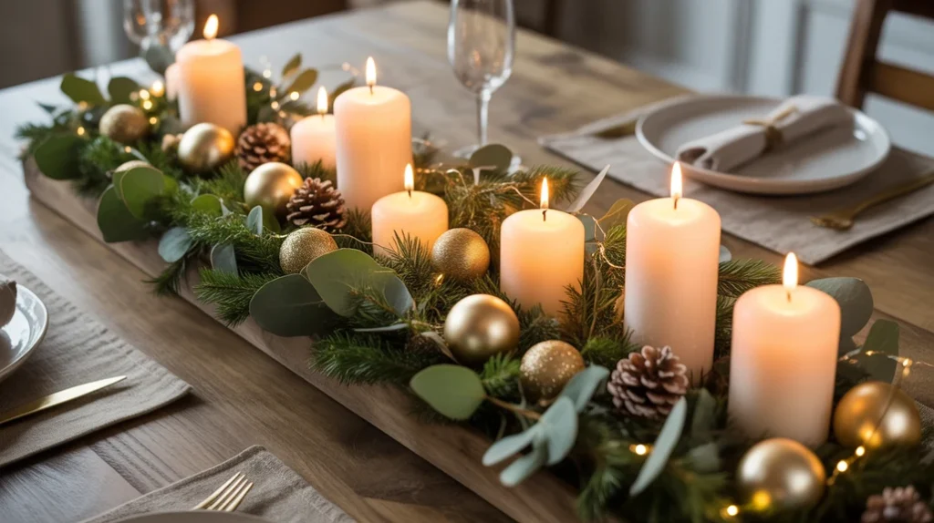 Christmas centerpiece with candles, greenery, and ornaments completing cozy festive decor