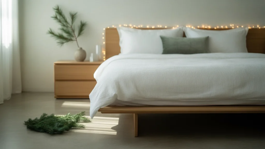 Simple modern Christmas bedroom with balanced layout, soft lighting, and minimalist festive decor