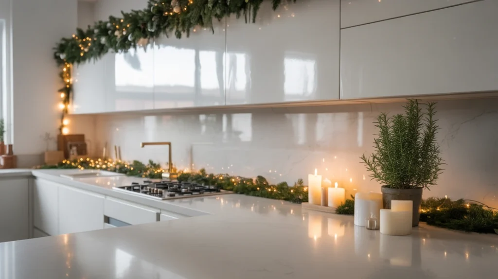 Simple minimal modern holiday kitchen decor with greenery and warm soft lighting