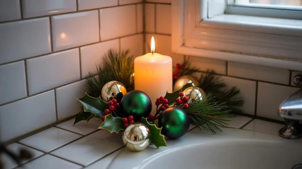 Cozy Christmas décor arrangement in a tiny bathroom corner with greenery and ornaments.