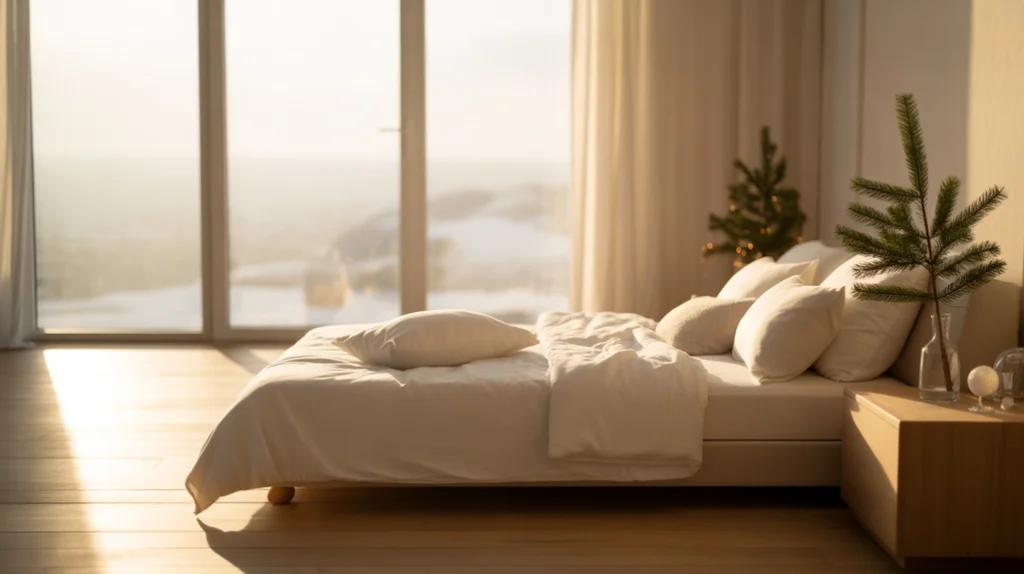 Open airy minimalist Christmas bedroom with soft lighting, white bedding, and serene neutral tones