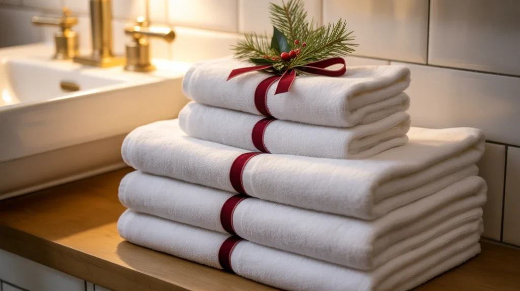 stacked neutral bathroom towels decorated with a Christmas sprig
