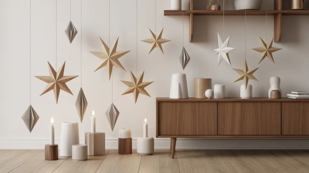 Handmade sustainable Christmas decorations — wooden stars, ceramic candleholders, and paper ornaments for eco-conscious Scandinavian decor.”