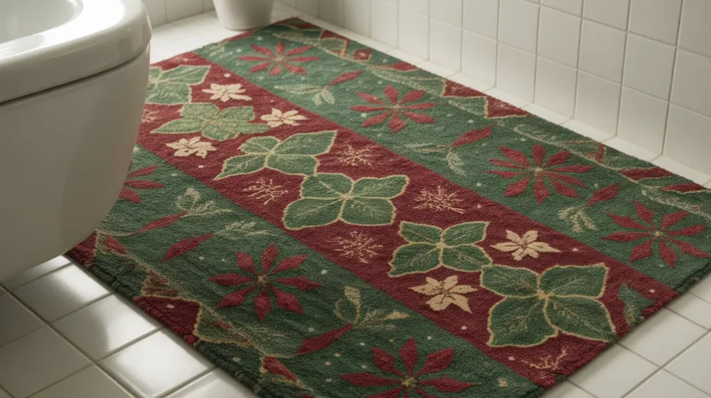 vintage-patterned bathroom rug in muted holiday colors creating retro christmas warmth