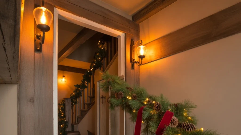 “Warm vintage farmhouse lighting creating a cozy Christmas entryway atmosphere”