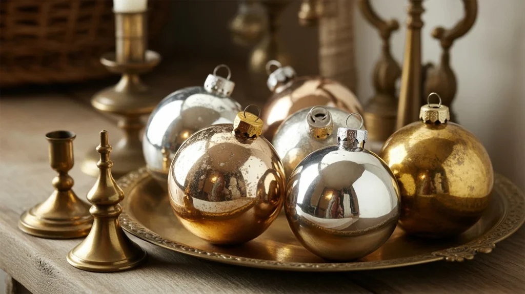 “vintage mercury glass ornaments and antique accents styled for Christmas coffee table”