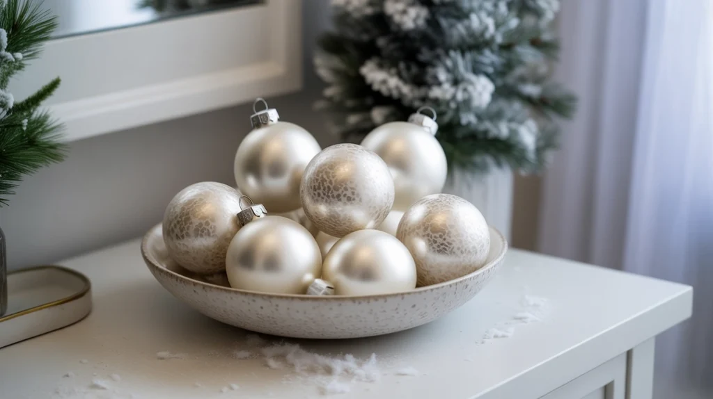 white ornaments displayed in a bowl for a soft winter holiday touch